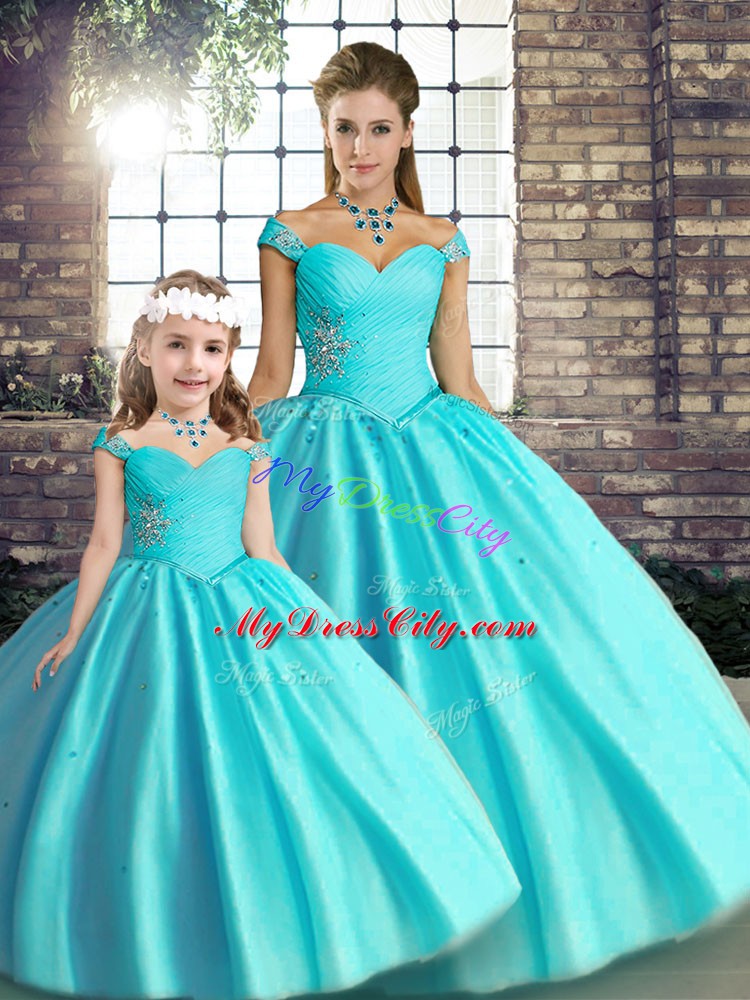 Cheap Aqua Blue Ball Gowns Tulle Off The Shoulder Sleeveless Beading Floor Length Lace Up Quinceanera Gown