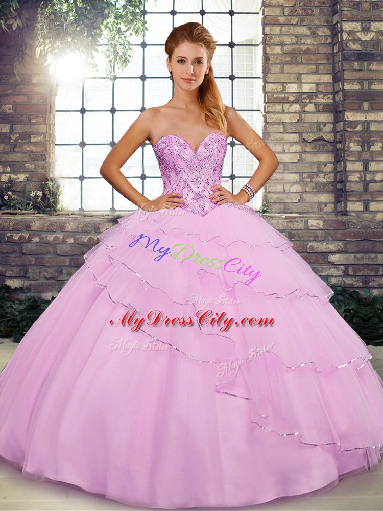 Amazing Sleeveless Brush Train Lace Up Beading and Ruffled Layers Quinceanera Gown