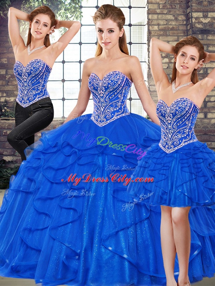 Royal Blue Three Pieces Beading and Ruffles Vestidos de Quinceanera Lace Up Tulle Sleeveless Floor Length