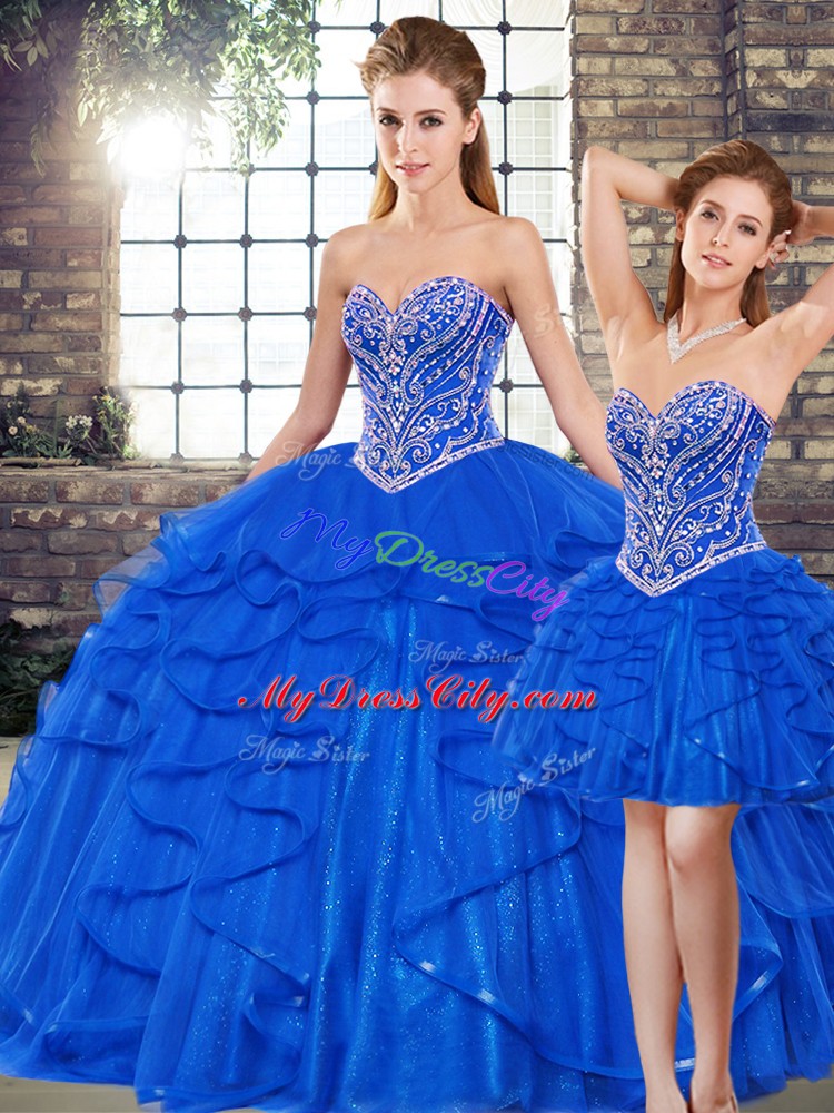 Royal Blue Three Pieces Beading and Ruffles Vestidos de Quinceanera Lace Up Tulle Sleeveless Floor Length