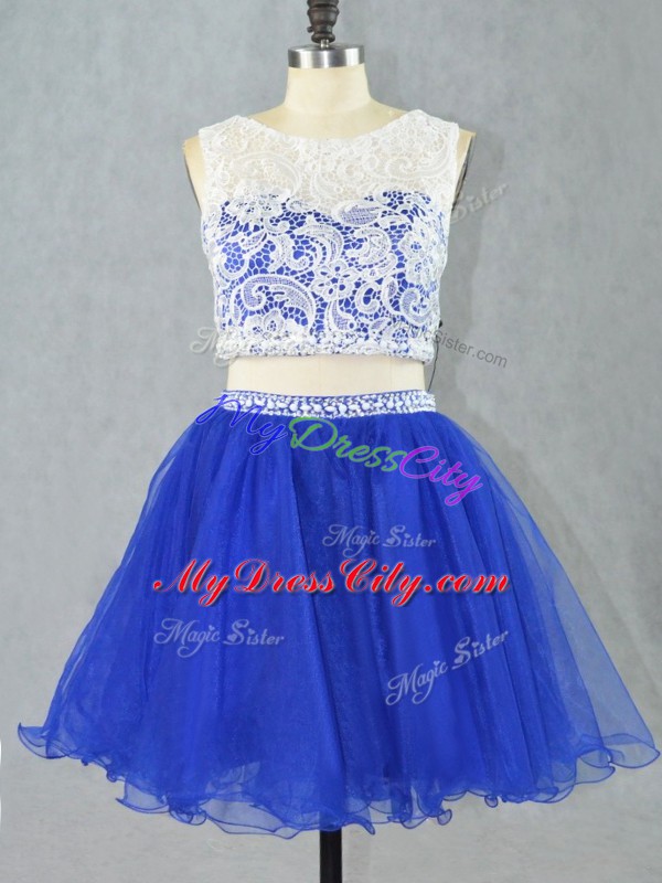 Fancy Sleeveless Organza Mini Length Zipper in Royal Blue with Lace and Appliques