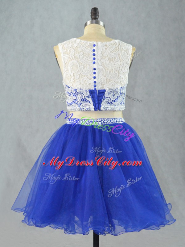 Fancy Sleeveless Organza Mini Length Zipper in Royal Blue with Lace and Appliques