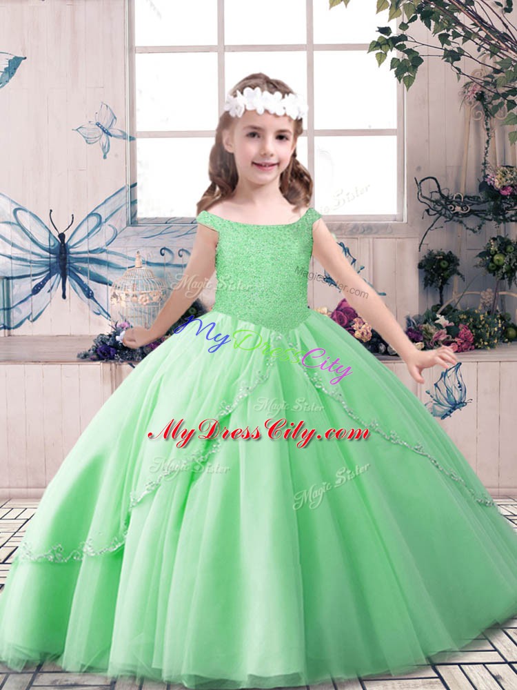 High Class Apple Green Lace Up Off The Shoulder Beading Custom Made Pageant Dress Tulle Sleeveless