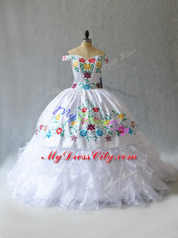 Beauteous Off The Shoulder Sleeveless Organza 15 Quinceanera Dress Embroidery Lace Up