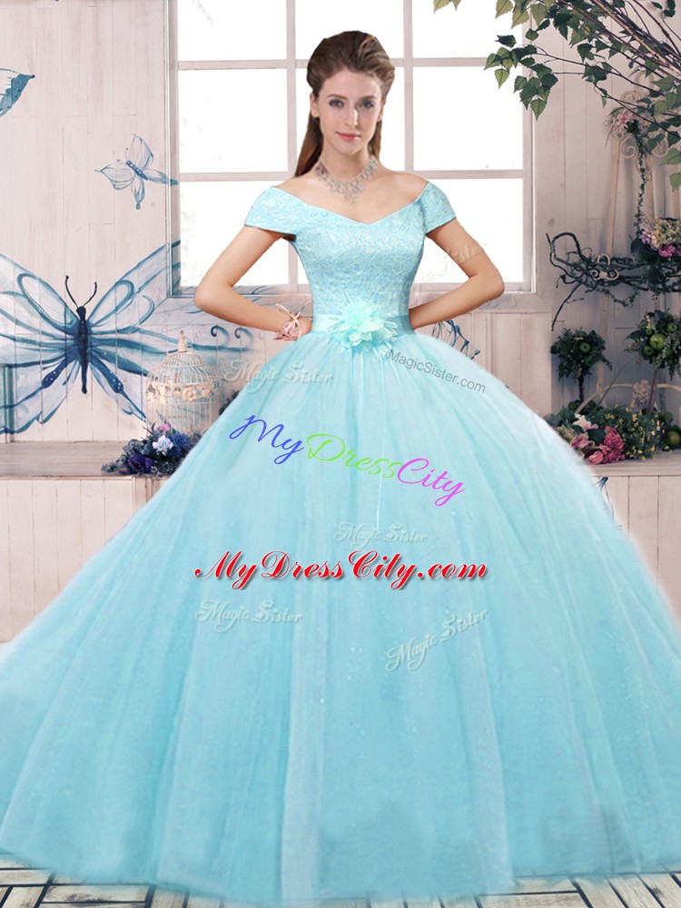 Aqua Blue Tulle Lace Up Sweet 16 Quinceanera Dress Short Sleeves Floor Length Lace and Hand Made Flower