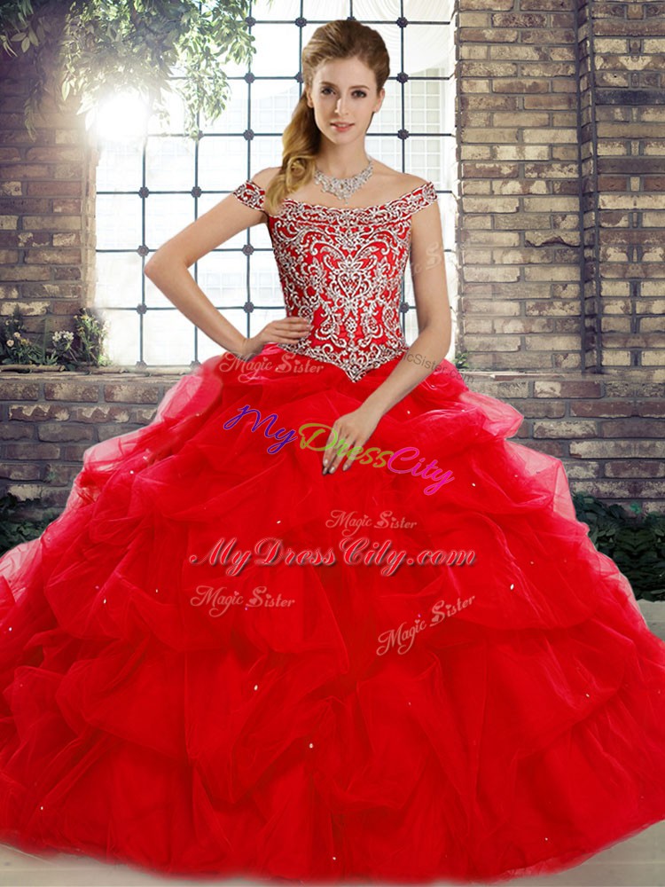 Enchanting Sleeveless Brush Train Beading and Pick Ups Lace Up Quinceanera Gown