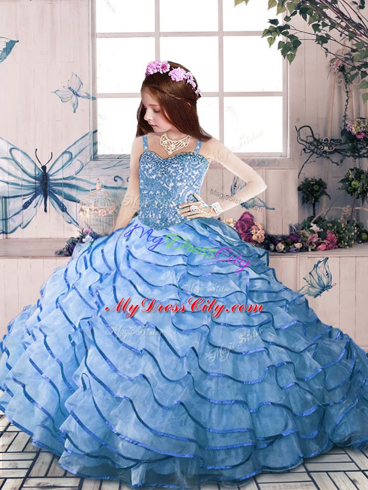 Blue Ball Gowns Straps Sleeveless Organza Floor Length Court Train Lace Up Beading and Ruffled Layers Pageant Dress for Womens