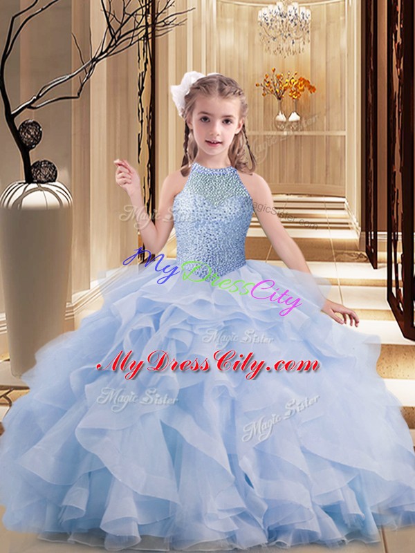 Lavender Tulle Lace Up Pageant Gowns For Girls Sleeveless Brush Train Beading