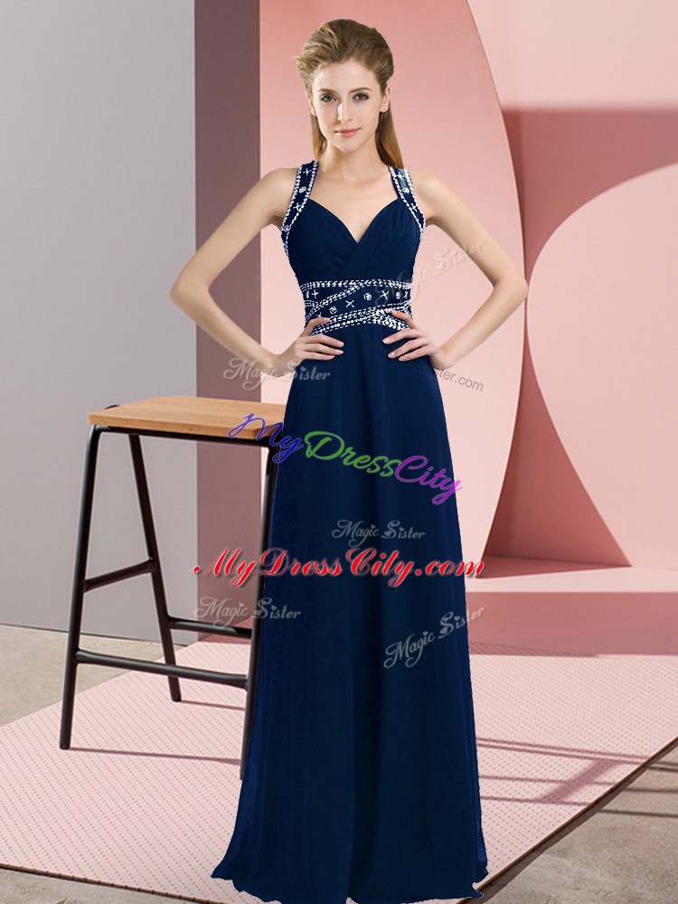 Stylish Empire Juniors Evening Dress Navy Blue Straps Chiffon Sleeveless Floor Length Backless