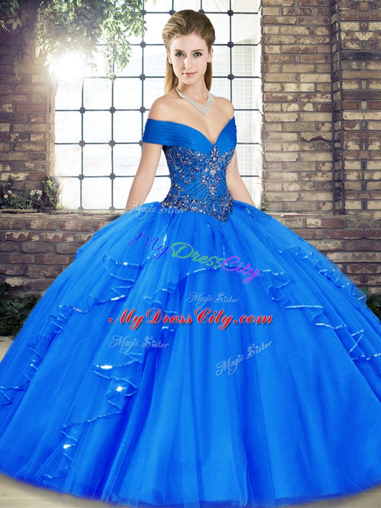 Vintage Floor Length Ball Gowns Sleeveless Royal Blue Quince Ball Gowns Lace Up