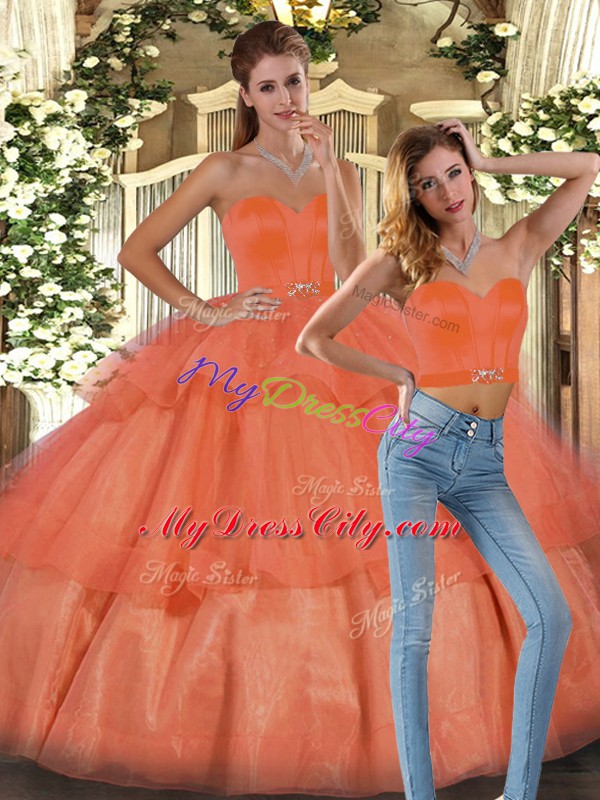 Low Price Orange Ball Gowns Sweetheart Sleeveless Organza Floor Length Lace Up Ruffled Layers Quinceanera Gowns