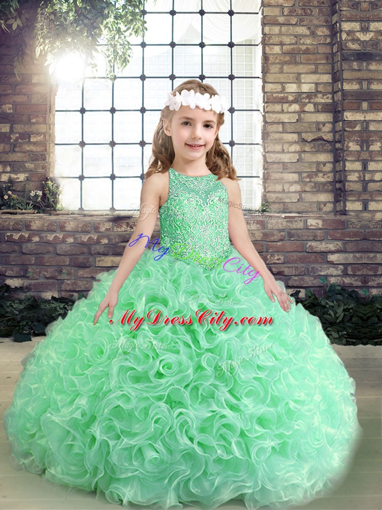 Customized Scoop Sleeveless Glitz Pageant Dress Floor Length Beading and Ruffles Apple Green Organza