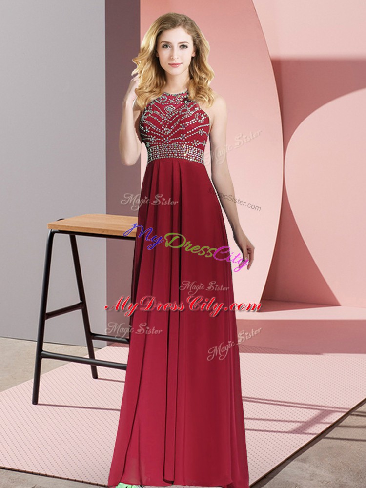 Captivating Burgundy Chiffon Backless Scoop Sleeveless Floor Length Juniors Evening Dress Beading