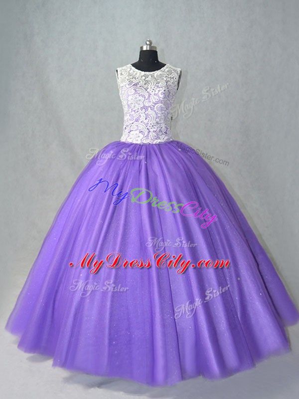 Customized Ball Gowns Ball Gown Prom Dress Lavender Scoop Tulle Sleeveless Floor Length Lace Up