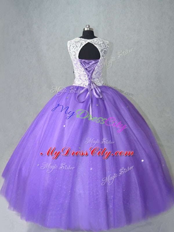 Customized Ball Gowns Ball Gown Prom Dress Lavender Scoop Tulle Sleeveless Floor Length Lace Up