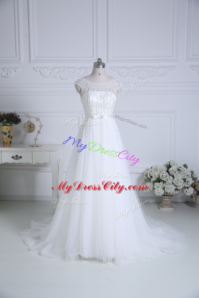 White Wedding Dress Tulle Brush Train Cap Sleeves Beading and Belt