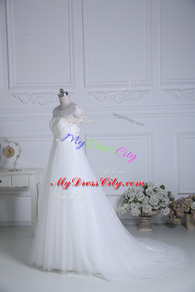 White Wedding Dress Tulle Brush Train Cap Sleeves Beading and Belt