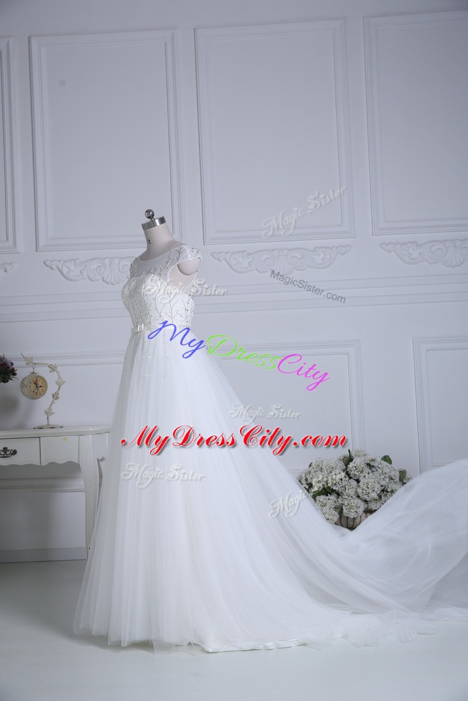 White Wedding Dress Tulle Brush Train Cap Sleeves Beading and Belt