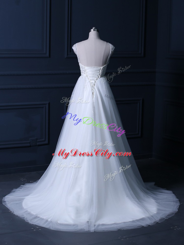 White Wedding Dress Tulle Brush Train Cap Sleeves Beading and Belt