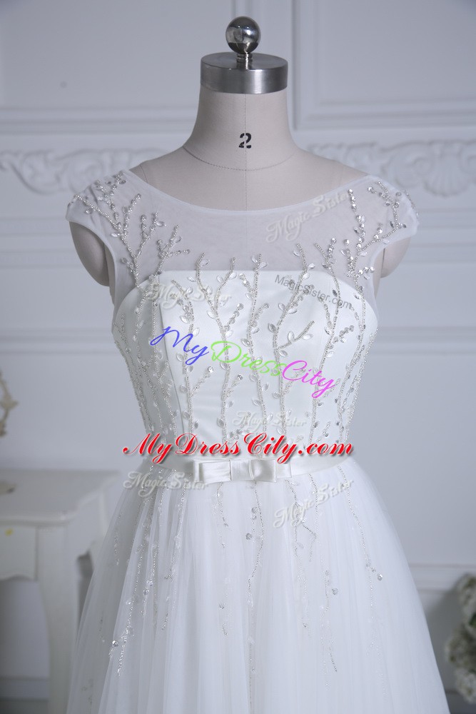 White Wedding Dress Tulle Brush Train Cap Sleeves Beading and Belt