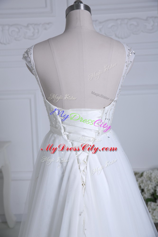 White Wedding Dress Tulle Brush Train Cap Sleeves Beading and Belt