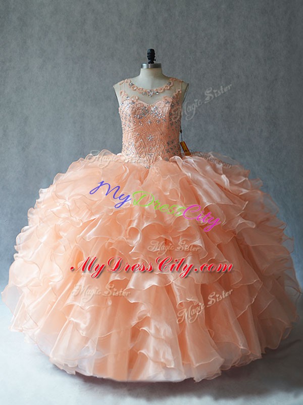 Trendy Scoop Sleeveless Organza Quinceanera Dress Beading and Ruffles Lace Up