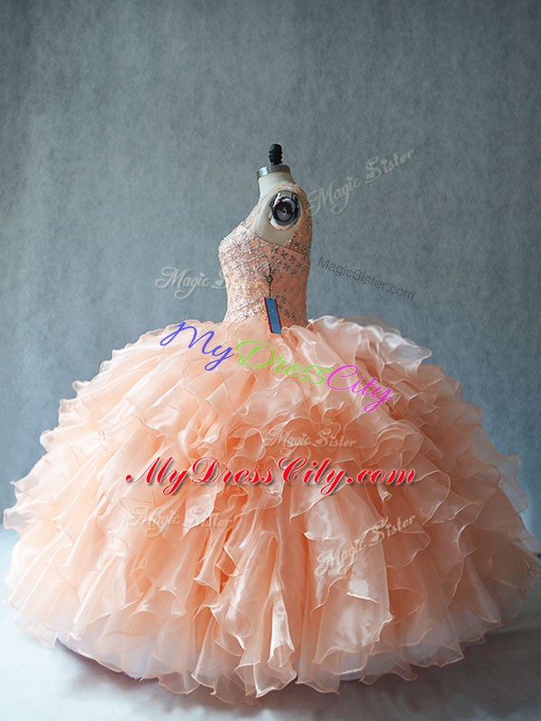 Trendy Scoop Sleeveless Organza Quinceanera Dress Beading and Ruffles Lace Up