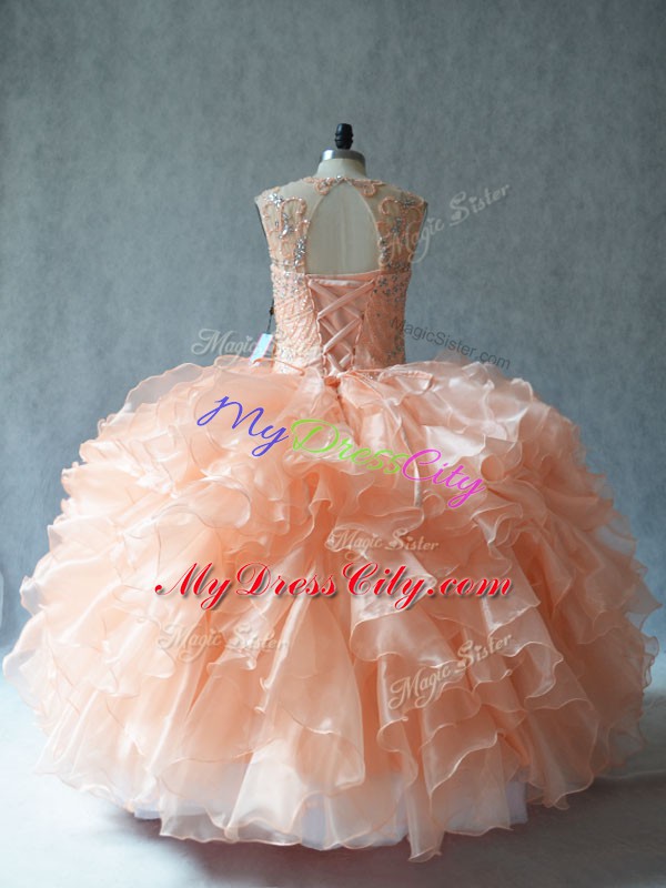 Trendy Scoop Sleeveless Organza Quinceanera Dress Beading and Ruffles Lace Up