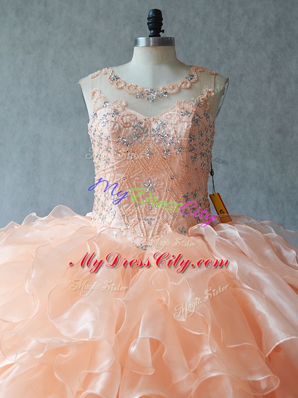 Trendy Scoop Sleeveless Organza Quinceanera Dress Beading and Ruffles Lace Up