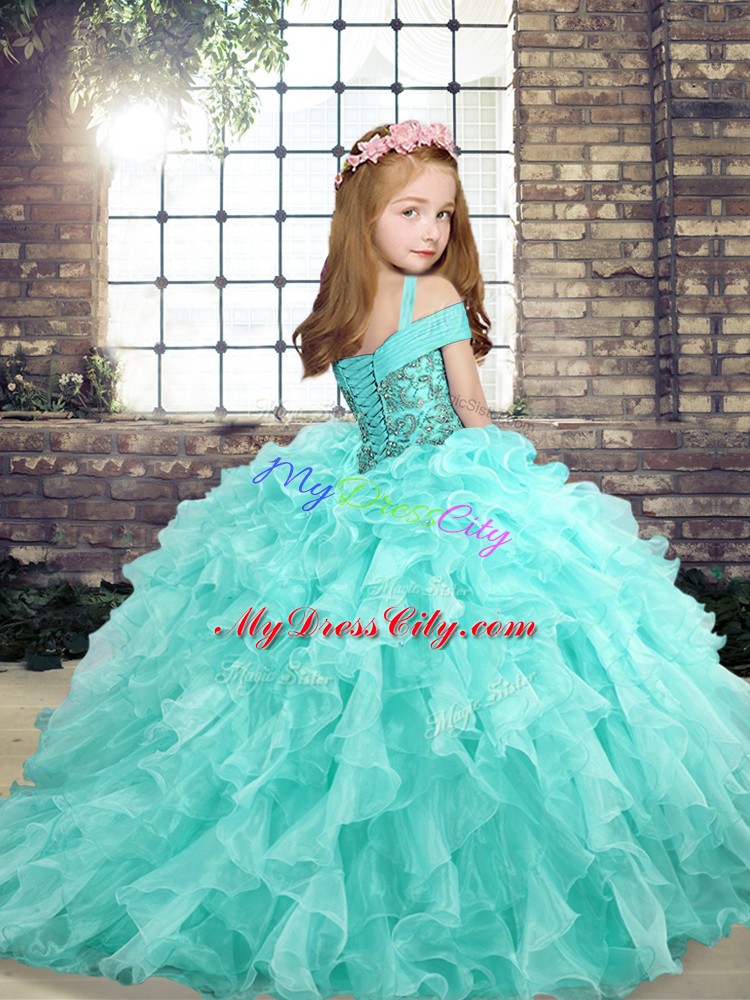 Super Ball Gowns Straps Sleeveless Organza Floor Length Lace Up Beading and Ruffles High School Pageant Dress