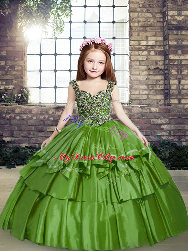 Top Selling Green Sleeveless Beading Floor Length Pageant Gowns For Girls