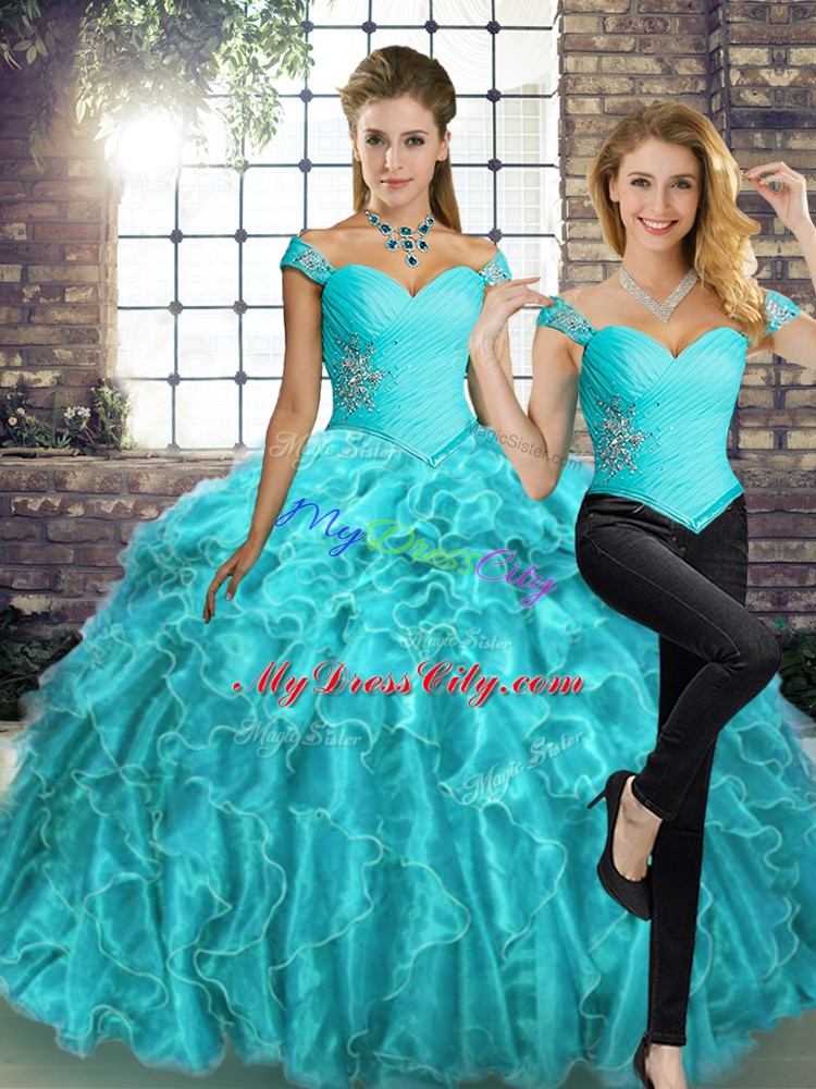 Aqua Blue Off The Shoulder Lace Up Beading and Ruffles Quinceanera Gown Brush Train Sleeveless