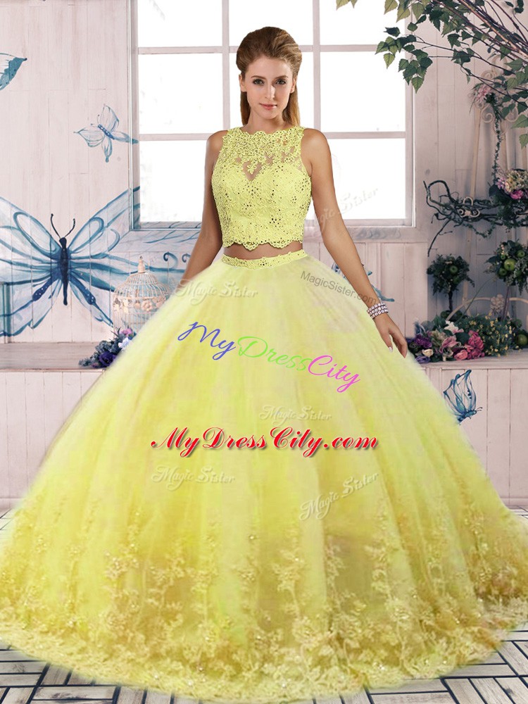 Lace Sweet 16 Quinceanera Dress Yellow Backless Sleeveless Sweep Train