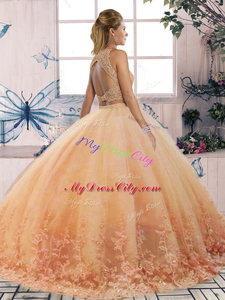 Lace Sweet 16 Quinceanera Dress Yellow Backless Sleeveless Sweep Train