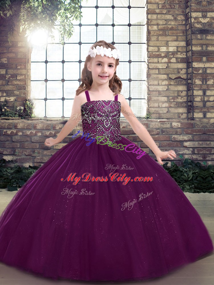 Excellent Eggplant Purple Sleeveless Beading Floor Length Pageant Dress for Teens