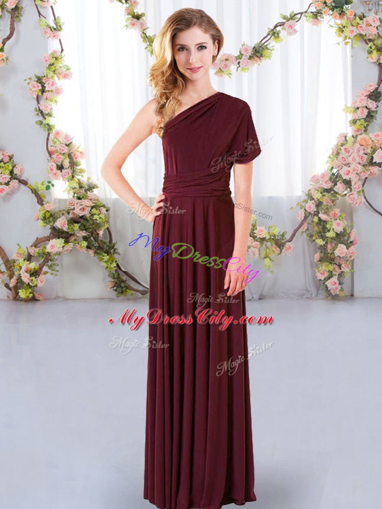 Burgundy Empire One Shoulder Sleeveless Chiffon Floor Length Criss Cross Ruching Court Dresses for Sweet 16