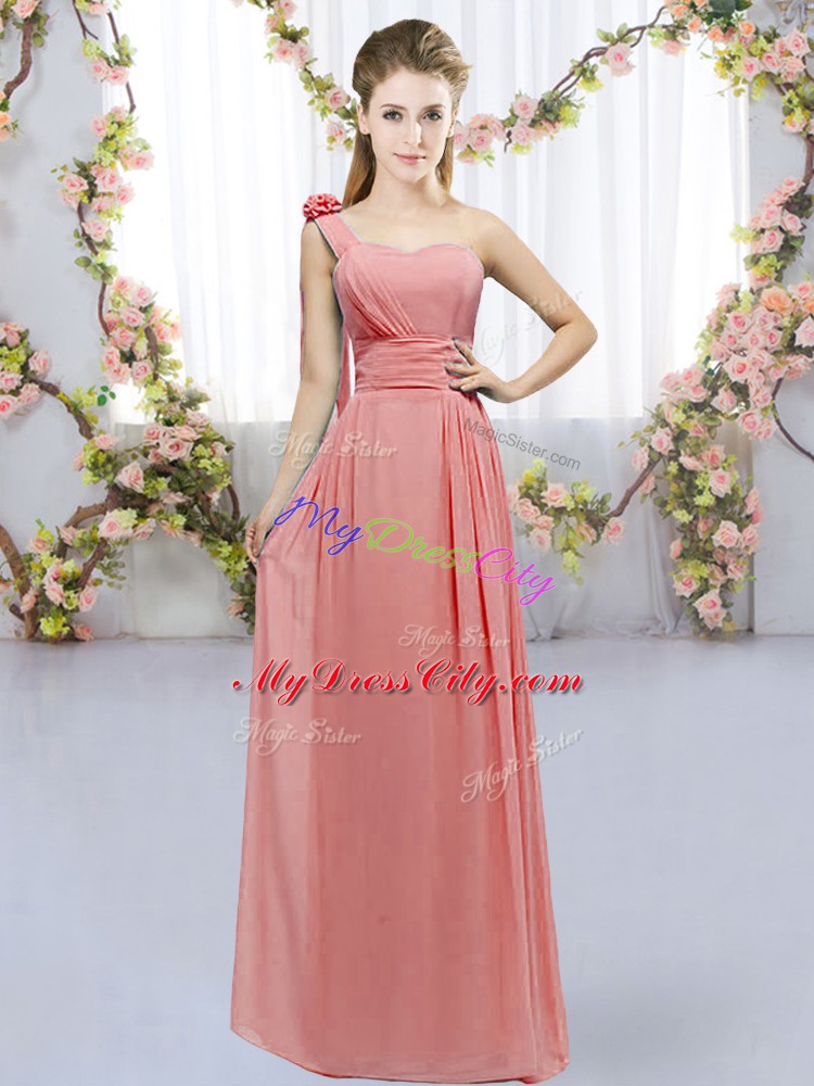 Beauteous Watermelon Red One Shoulder Lace Up Hand Made Flower Bridesmaids Dress Sleeveless