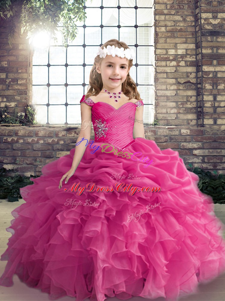 Hot Pink Straps Lace Up Beading and Ruffles and Pick Ups Kids Pageant Dress Sleeveless