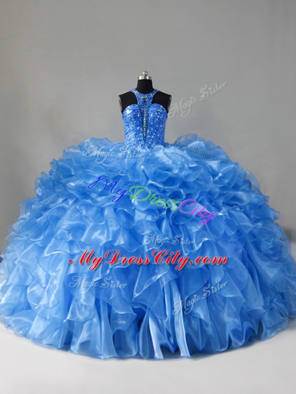 Blue Ball Gowns Organza Scoop Sleeveless Beading and Ruffles Zipper Vestidos de Quinceanera Brush Train