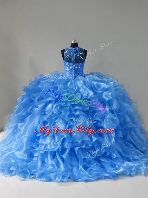 Blue Ball Gowns Organza Scoop Sleeveless Beading and Ruffles Zipper Vestidos de Quinceanera Brush Train