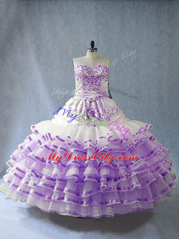 Organza Sweetheart Sleeveless Lace Up Embroidery and Ruffled Layers and Bowknot Ball Gown Prom Dress in White And Purple