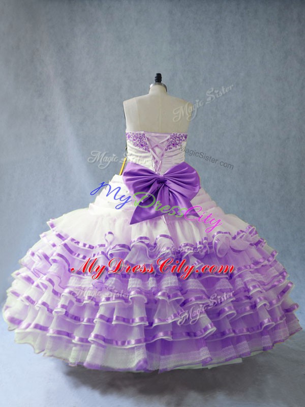 Organza Sweetheart Sleeveless Lace Up Embroidery and Ruffled Layers and Bowknot Ball Gown Prom Dress in White And Purple