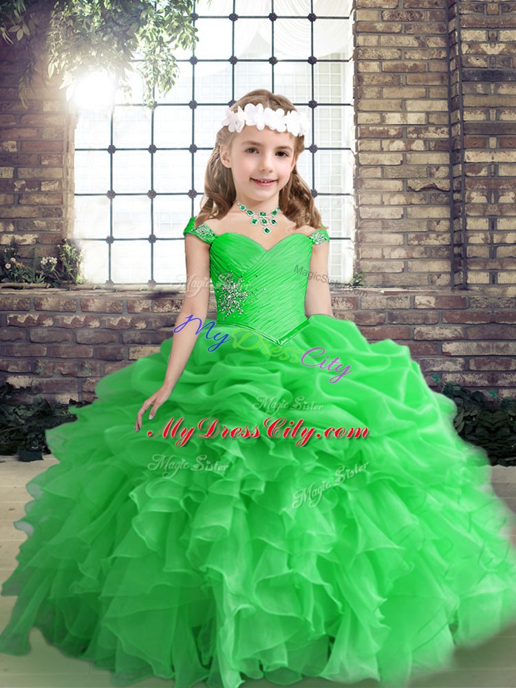 Ball Gowns Little Girls Pageant Dress Green Straps Organza Sleeveless Floor Length Lace Up