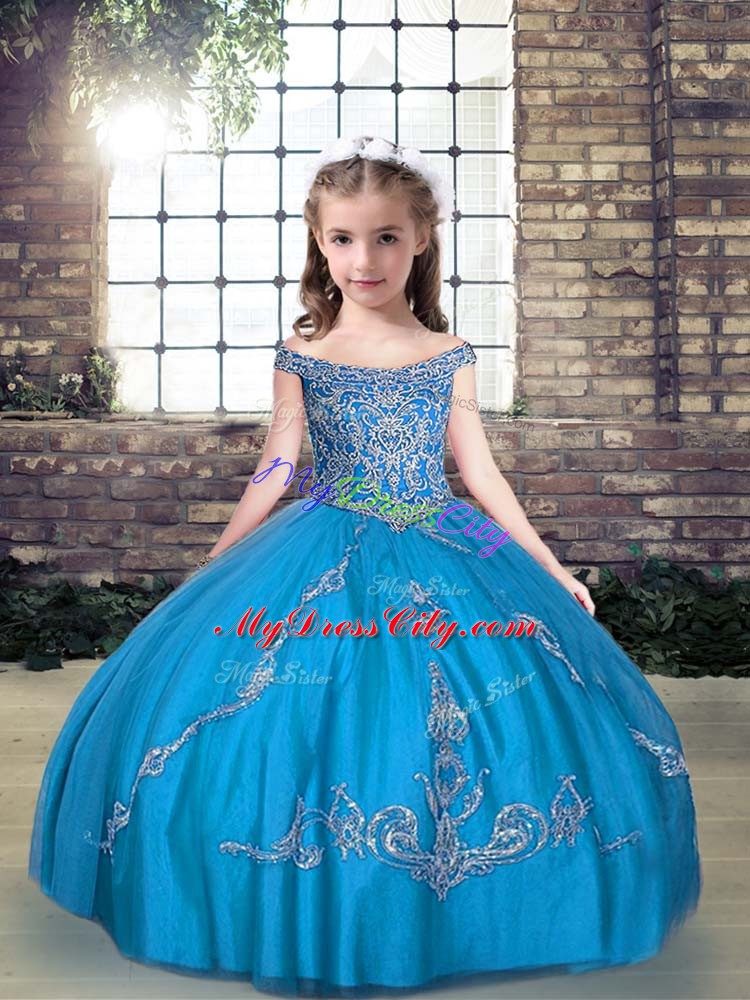 Aqua Blue Pageant Dresses Party and Wedding Party with Beading and Appliques Off The Shoulder Sleeveless Lace Up