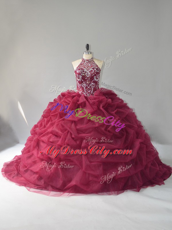 Super Burgundy Sleeveless Court Train Beading and Pick Ups Quinceanera Gowns