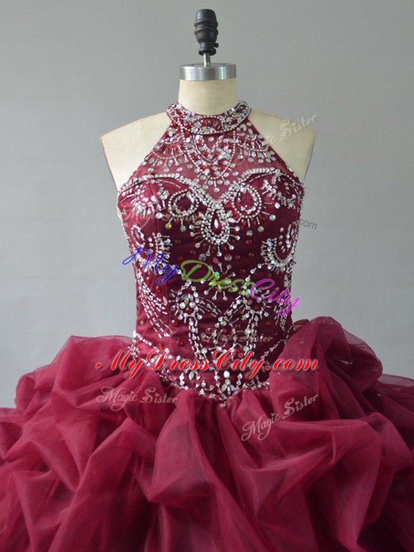 Super Burgundy Sleeveless Court Train Beading and Pick Ups Quinceanera Gowns