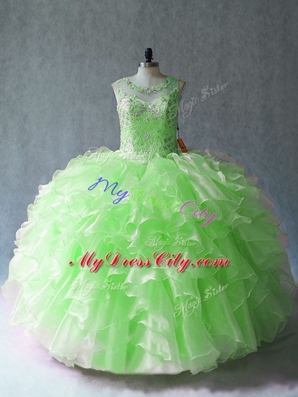 Organza Scoop Sleeveless Lace Up Beading and Ruffles 15th Birthday Dress in