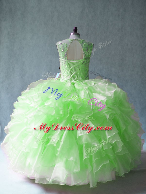 Organza Scoop Sleeveless Lace Up Beading and Ruffles 15th Birthday Dress in