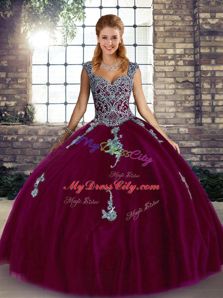 Glittering Fuchsia Vestidos de Quinceanera Military Ball and Sweet 16 and Quinceanera with Beading and Appliques Straps Sleeveless Lace Up