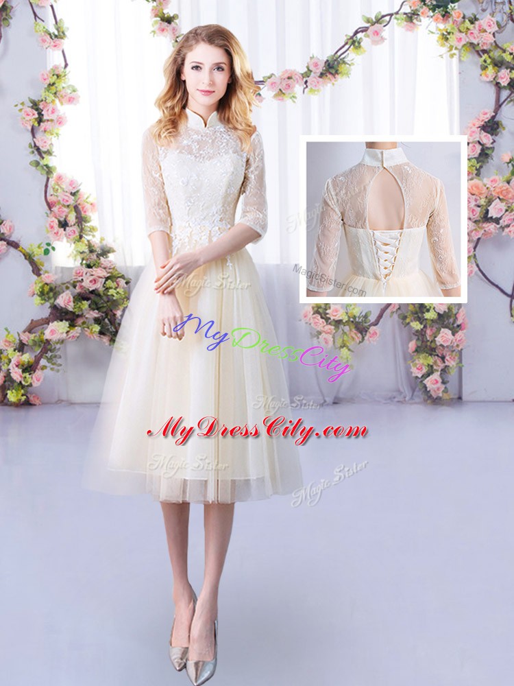 Fitting High-neck Half Sleeves Lace Up Wedding Party Dress Champagne Tulle